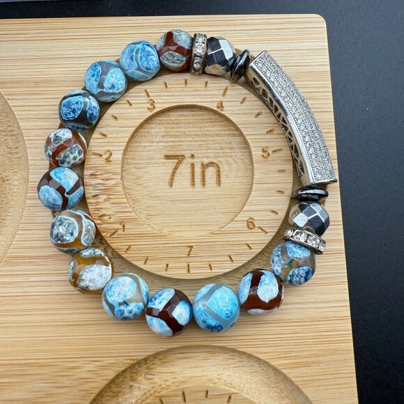 Dzi Agate Stretch Bracelet W/ Glass Crystal Embellishments & Cubic Zirconia Pave - Picture 6 of 6